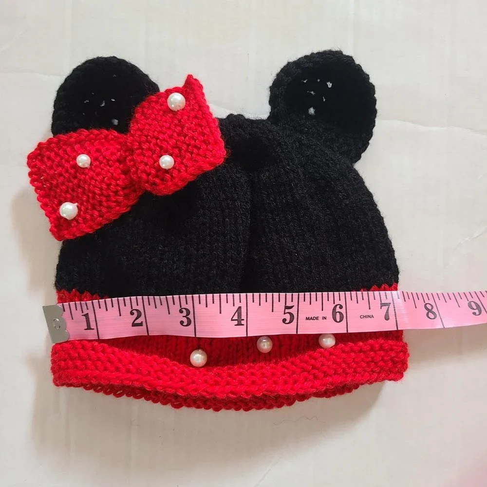 Minnie Mouse inspired Baby Infant Girl Knit Hat Red Black Size 3-6 M Photo Prop